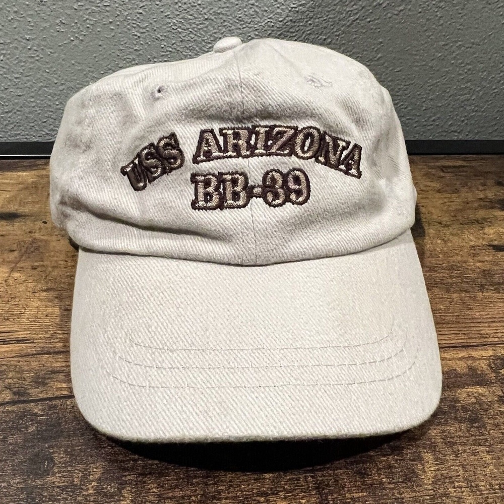 Vintage USS ARIZONA BB-39 Embroidered Baseball Cap Pearl Harbor Tan